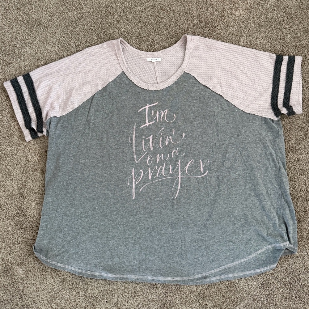 Maurices Gray Tee with Light Pink Raglan Sleeves and Script